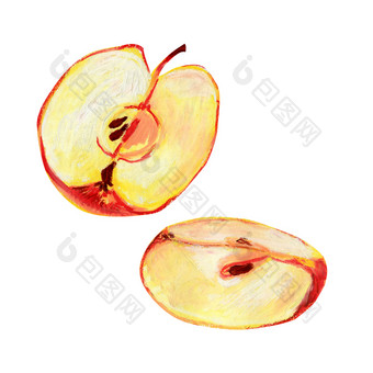 一半红色的苹果孤立的白色背景季度成熟的<strong>水果</strong>与纸浆和种子<strong>手绘</strong>石油柔和的插图为食物标签设计生态产品一半红色的苹果孤立的白色背景