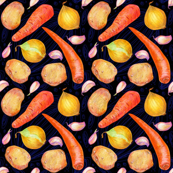 无缝的模式与蔬菜食物插图与土豆胡萝卜洋葱番茄和大蒜为包装标签和广告设计孤立的黑色的背景无缝的模式与蔬菜
