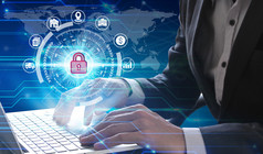 商人手使用移动PC电脑与挂锁图标技术网络安全数据保护业务技术隐私概念互联网概念全球业务