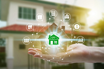 手持有模型房子与财产投资图标在的网络连接抵押贷款贷款财产为概念
