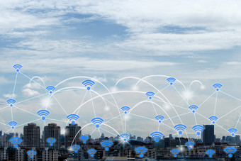 无线网络图标和城市景观网络互联网全球业务概念
