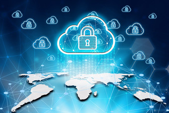 虚拟屏幕挂锁和云计算全球网络网络安全数据保护业务技术隐私概念互联网全球业务云计算概念