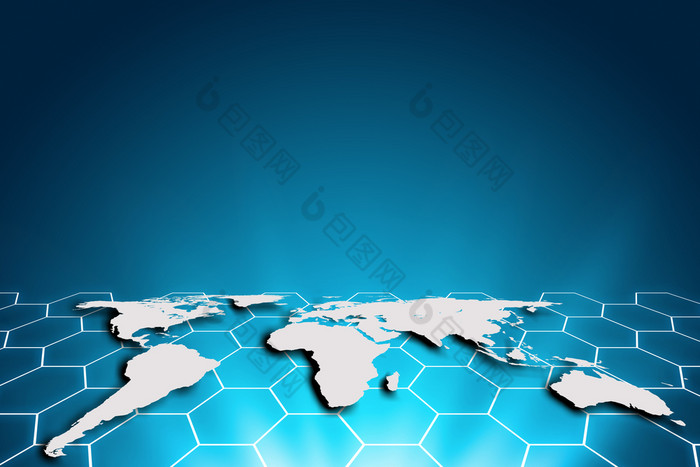 世界地图技术六角背景发光的六角行连接全球网络和全球沟通互联网概念全球业务