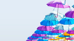 色彩鲜艳的雨伞暂停的空气重栅的蓝色的天空