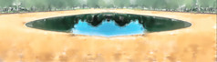 水彩插图绿松石湖圆与海滩黄色的沙子的结束的夏天
