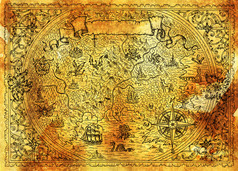 金地图幻想世界与龙海盗船美人鱼精灵小妖精蓝色的手画图形插图老运输背景古董风格