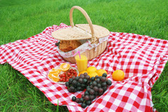 野餐篮子与食物和饮料夏天