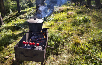 的老大锅的烧烤烹饪粥对森林清算中午的串肉扦是串和烤红色的西红柿的老大锅的烧烤烹饪粥对森林清算中午