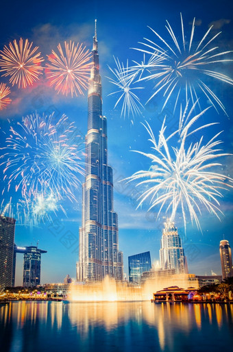 烟花周围迪拜塔哈利法塔异国情调的新一年<strong>目的地</strong>迪拜阿联酋