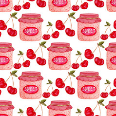 无缝的模式与小时Jar和樱桃可爱的背景水彩甜蜜的浆果包装设计包装纸无缝的模式与小时Jar和樱桃可爱的背景水彩甜蜜的浆果包装设计包装纸