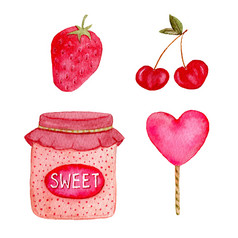 水彩集合与草莓樱桃糖果和小时孤立的糖果设计元素为标签贴纸问候卡片夏天打印设计水彩集合与草莓樱桃糖果和小时孤立的糖果设计元素为标签贴纸问候卡片夏天打印设计