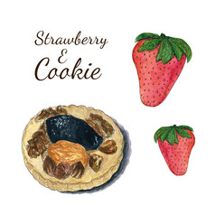 手画水彩饼干和草莓水彩甜蜜的甜点