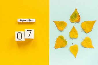 秋天作文木日历9月和黄色的秋天叶子黄色的蓝色的背景前视图平躺模型概念你好9月秋天作文木日历9月和黄色的秋天叶子黄色的蓝色的背景前视图平躺模型概念你好9月