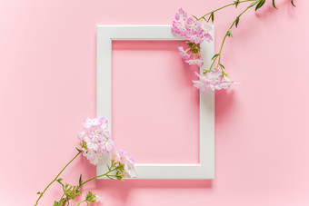 白色木图片框架和花粉红色的背景与复制空间有创意的前视图平躺模拟模板为invitstion问候卡白色木图片框架和花粉红色的背景与复制空间有创意的前视图平躺模拟模板为invitstion问候卡