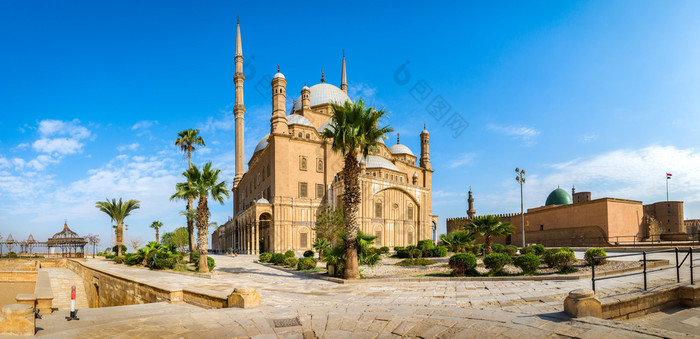 全景视图清真寺开罗城堡夏天一天清真寺开罗城堡