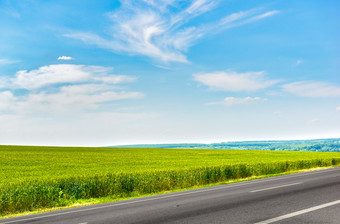 农业场和柏油高速公路阳光明媚的夏天一天场和高速公路