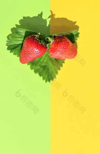 两个草莓谎言绿色草莓叶草莓孤立的黄色的和绿色背景两个草莓谎言绿色草莓叶