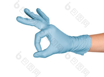 手显示标志对白色背景手蓝色的乳胶手套孤立的白色女人rsquo手手势标志孤立的白色手显示标志对白色背景手紫色的乳胶手套孤立的白色女人rsquo手手势标志孤立的白色