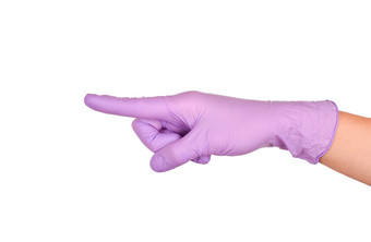 手指出这道路遵循手紫色的乳胶手套孤立的白色女人rsquo手手势标志孤立的白色手触碰指出某物手指出这道路遵循手紫色的乳胶手套孤立的白色女人rsquo手手势标志孤立的白色