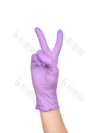 手和平手势标志胜利手紫色的乳胶手套孤立的白色女人rsquo手手势标志孤立的白色手紫色的乳胶手套孤立的白色女人rsquo手手势标志孤立的白色