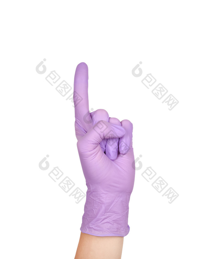 手触碰指出某物手紫色的乳胶手套孤立的白色女人rsquo手手势标志孤立的白色手紫色的乳胶手套孤立的白色女人rsquo手手势标志孤立的白色