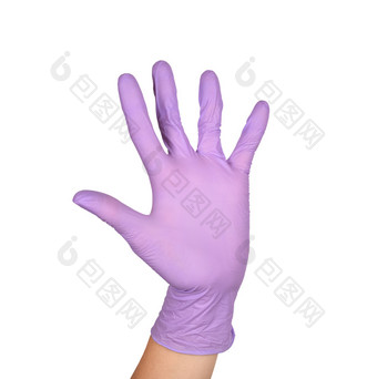 波手势乳胶外科手术戴着手套标志对白色背景手紫色的乳胶手套孤立的白色女人rsquo手手势标志孤立的白色