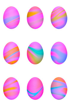 集粉红色的黄色的和蓝色的梯度健美的复活节鸡蛋完美的色彩斑斓的手工制作的复活节鸡蛋孤立的白色集粉红色的黄色的和蓝色的梯度健美的复活节鸡蛋