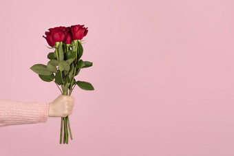 美丽的花束红色的玫瑰女人手光粉红色的背景时尚的海报为情人节一天国际女人的一天母亲一天复制空间美丽的花束红色的玫瑰女人手光粉红色的背景