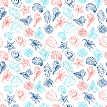 贝壳和海星向量无缝的模式海洋生活生物色彩斑斓的图纸海海胆徒手画的大纲水下动物雕刻壁纸包装纸纺织设计贝壳集合向量无缝的模式