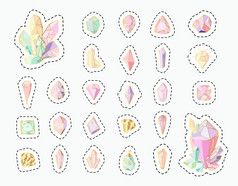 贴纸向量集蓝色的金粉红色的紫罗兰色的彩虹晶体宝石孤立的补丁白色背景符号集合与宝石石英钻石手画涂鸦插图新晶体集