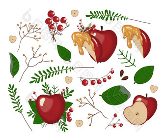 苹果集整个红色的苹果苹果片蜂蜜叶子树枝和花废集为的犹太人新一年收获一天感恩节苹果集整个红色的苹果苹果片蜂蜜叶子树枝和花废集为的犹太人新一年收获一天感恩节