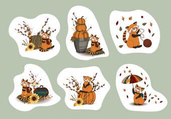 秋天贴纸<strong>你好</strong>秋天红色的熊猫字符可爱的有趣的动物向量插图秋天贴纸<strong>你好</strong>秋天红色的熊猫字符可爱的有趣的动物向量插图