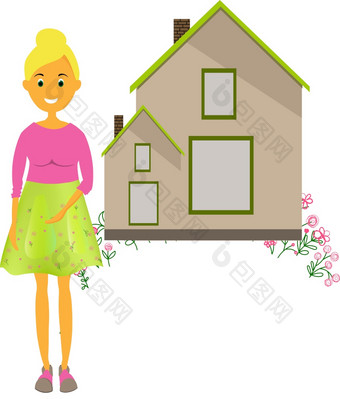 女孩女人白色背景和美丽的农村房子与花女孩女人白色背景和美丽的农村房子与花