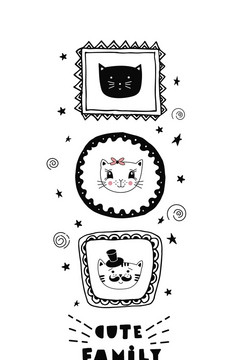 有趣的卡与可爱的猫脸和刻字可爱的家庭!向量插图可以使用为t恤打印孩子书和卡片