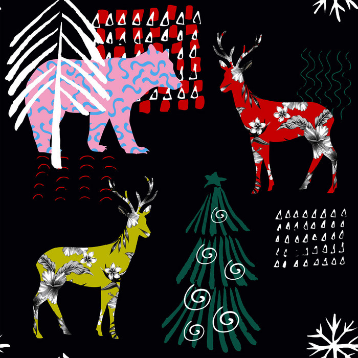 手画冬天动物熊鹿无缝的模式图片