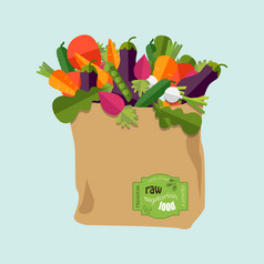 纸袋与健康的食物蔬菜健康的有机自然食物杂货店交付概念平向量插图百分比自然有机纸袋完整的新鲜的蔬菜概念饮食素食者素食主义者杂货店交付概念向量孤立的插图