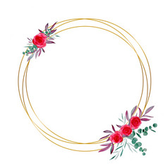 水彩黄金框架婚礼邀请模板与红色的玫瑰花束和小花桉树分支绿色紫罗兰色的叶子古董背景