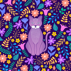 模式与淡紫色猫和热带花和叶子黑暗背景