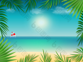 热带背景与桑迪海海滩海洋航行船框架与棕榈树叶子与空复制空间为文本色彩斑斓的异国情调的模板为海报横幅摩天观景轮照片框架设计热带背景框架与海海滩框架与棕榈树叶子
