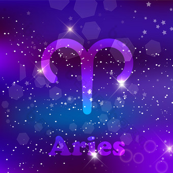 白羊座星座标志和星座宇宙紫色的背景与发光的星星和星云向量插图横幅海报内存卡空间占星术星座天文学幻想设计白羊座星座标志宇宙紫色的背景与发光的星星和星云