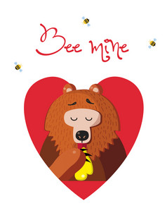 蜜蜂我的情人节问候卡可爱的卡通熊插图字符吃蜂蜜内部红色的心和蜜蜂周围孤立的白色背景情人节一天节日明信片蜜蜂我的问候卡可爱的熊吃蜂蜜白色背景