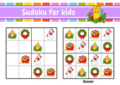 数独为孩子们教育发展中工作表卡通字符颜色活动页面谜题游戏为孩子们圣诞节主题孤立的向量插图