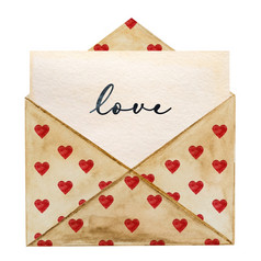 美丽的水彩画邮政信封和心特写镜头人纹理祝贺你为爱的亲戚朋友和的同事们美丽的水彩画邮政信封