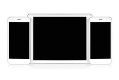 模型为响应设计演讲白色数字平板电脑和智能手机与空白屏幕