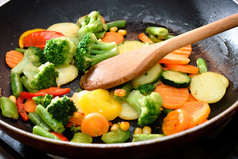混合新鲜的蔬菜炸的锅特写镜头