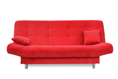现代红色的沙发与枕头孤立的白色背景