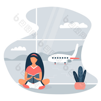 向量图像女孩坐着的机场和阅读书向量图像女孩坐着的机场和阅读书