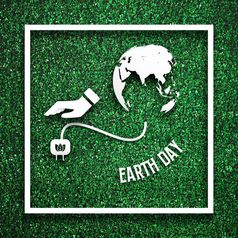 白色框架与有拔掉从的地球能源储蓄概念绿色草为装饰模板生态和环境主题插图图形设计元素地球一天主题
