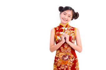 年轻的亚洲美女人穿<strong>旗袍</strong>和祝福问候手势中国人新一年节日事件孤立的白色背景假期和生活方式概念<strong>旗袍</strong>衣服穿