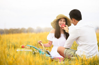 亚洲夫妇做野餐金秋天草地草场度蜜月旅行后婚礼情人节一天和家庭爱概念在户外自然和长假期放松人Lifestyes